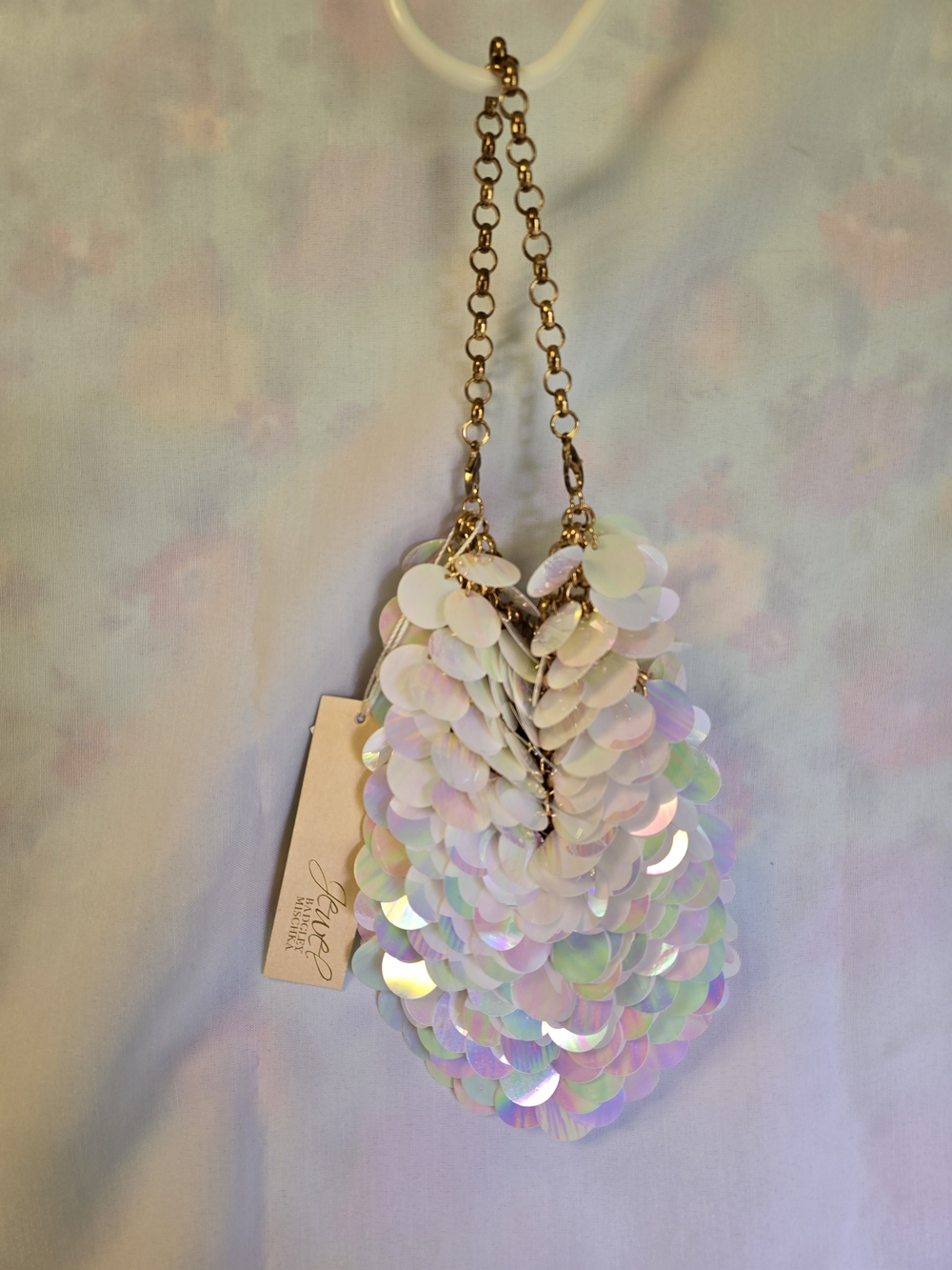Badgley Mischka Iridescent White Sequin & Gold Chain Mail Link Crossbody Purse
